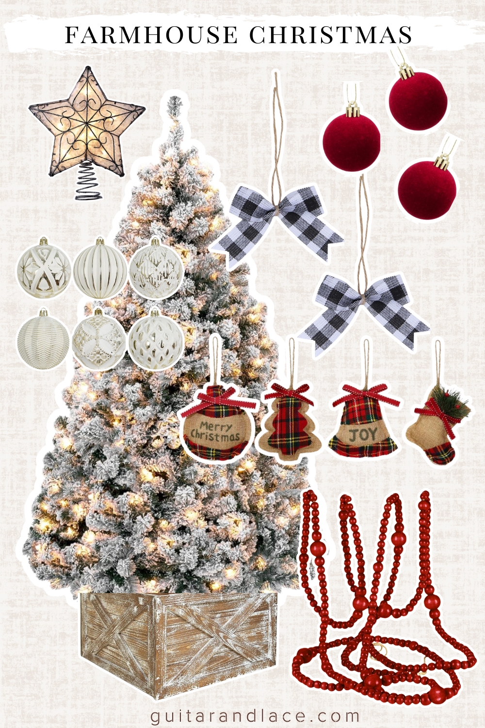 farmhouse christmas tree. farmhouse christmas decor. flocked christmas tree with red ornaments