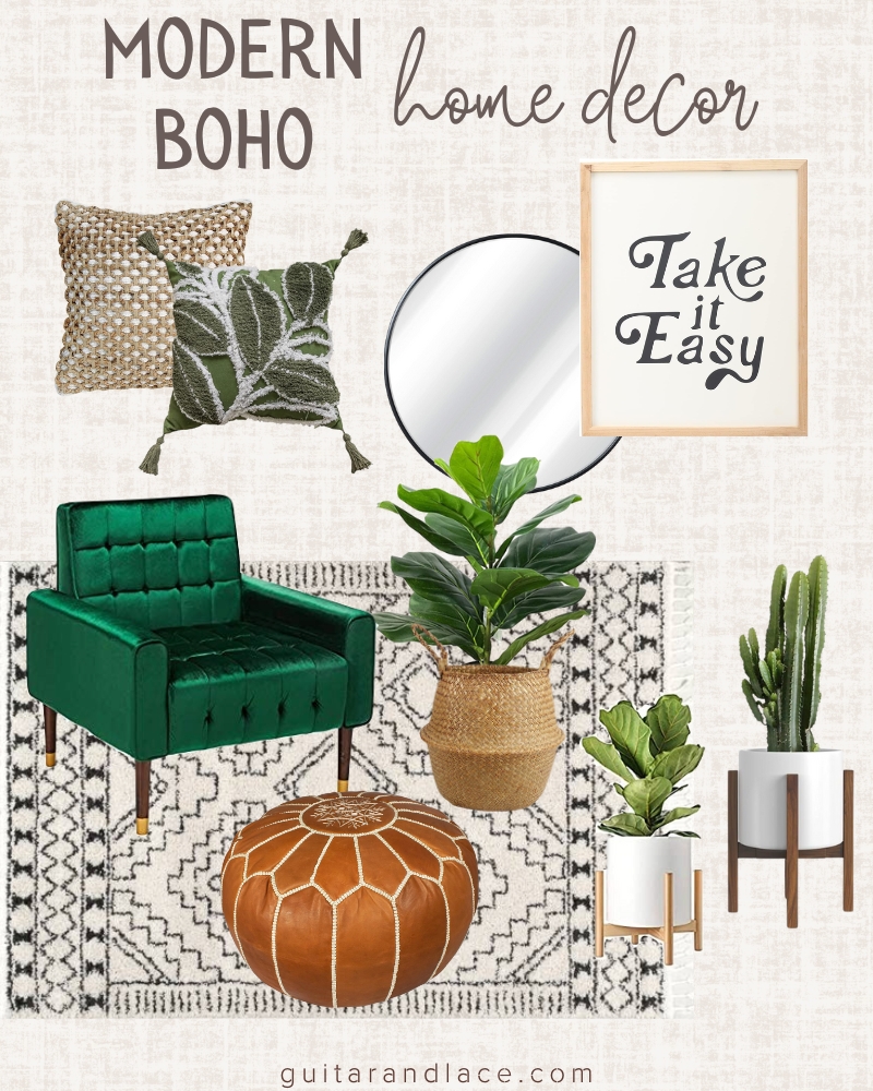 affordable boho decor. boho apartment ideas. modern boho decor. boho area rug. green accent chair.