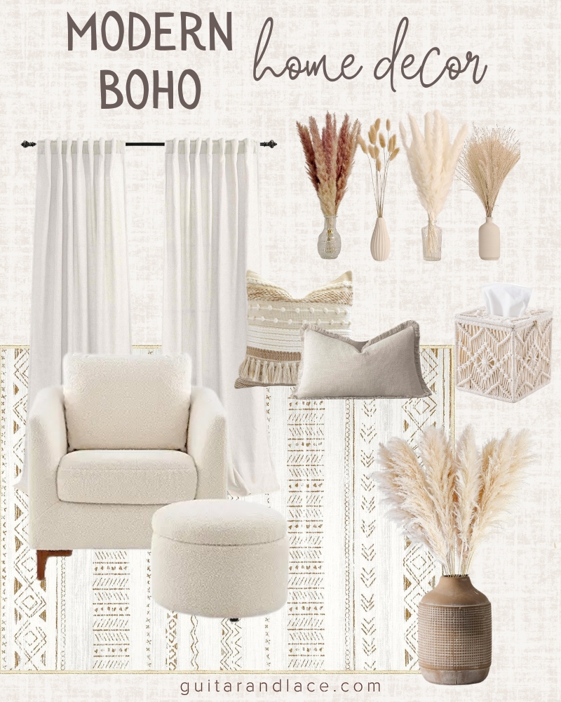neutral apartment living room ideas. neutral boho decor ideas. pampas grass decor.