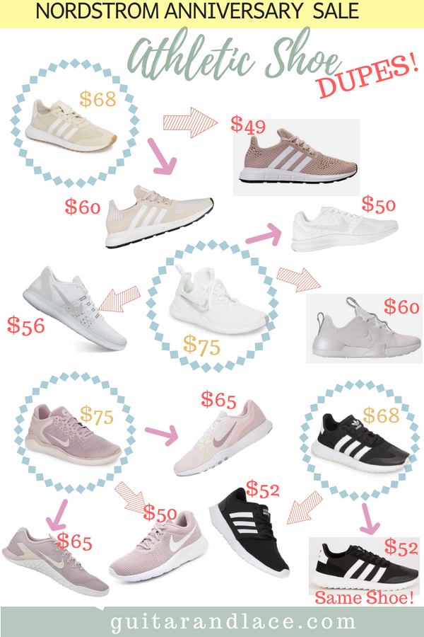Nordstrom Anniversary Sale Dupes, shoe dupes, athletic dupes. Nude nikes, nude adidas, lilac nikes, black adidas, all white nikes #nordstromanniversarysale #nordstrom #nsale #nike #adidas #gym #workout #gymoutfit 