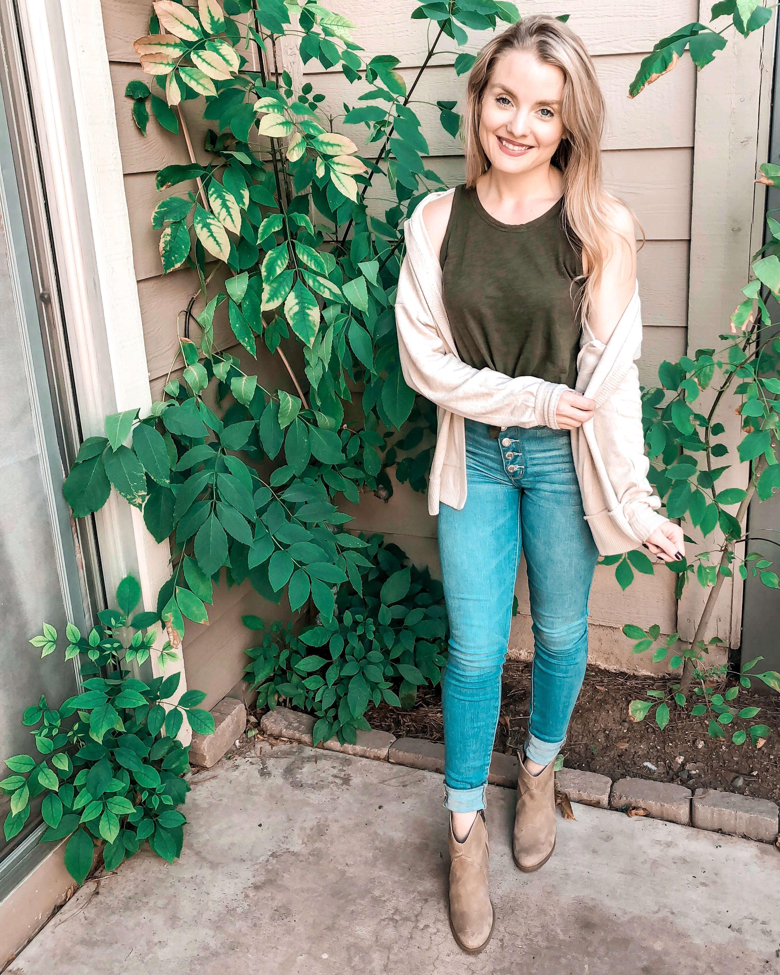 American Eagle high waisted button up denim, booties, american eagle plush cardigan, loft olive shirt