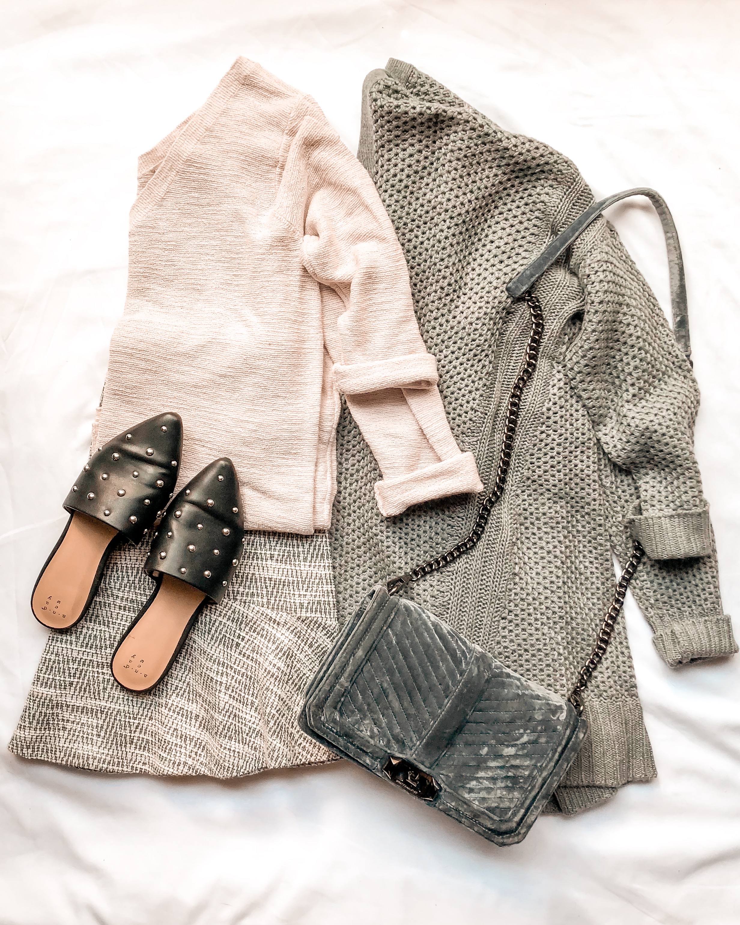 loft skirt, tweed skirt, flounce skirt, lavender sweater, aerie chunky knit cardigan, aerie, chunky knit cardigan, aerie cozy texture cardigan, rebecca minkoff love crossbody, target studded mules, black mules, target style, a new day flats