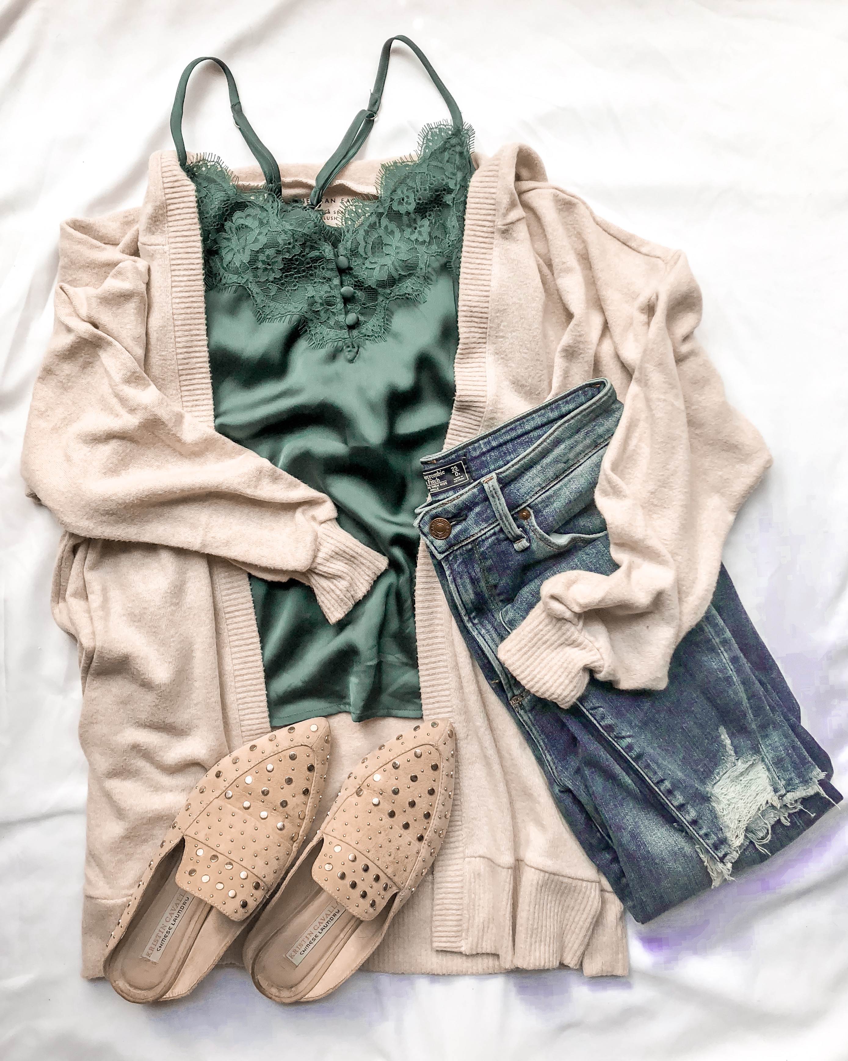 abercrombie satin cami green, american eagle plush cardigan, abercrombie high waist ankle jeans, kristin cavallari studden mules tiger eye