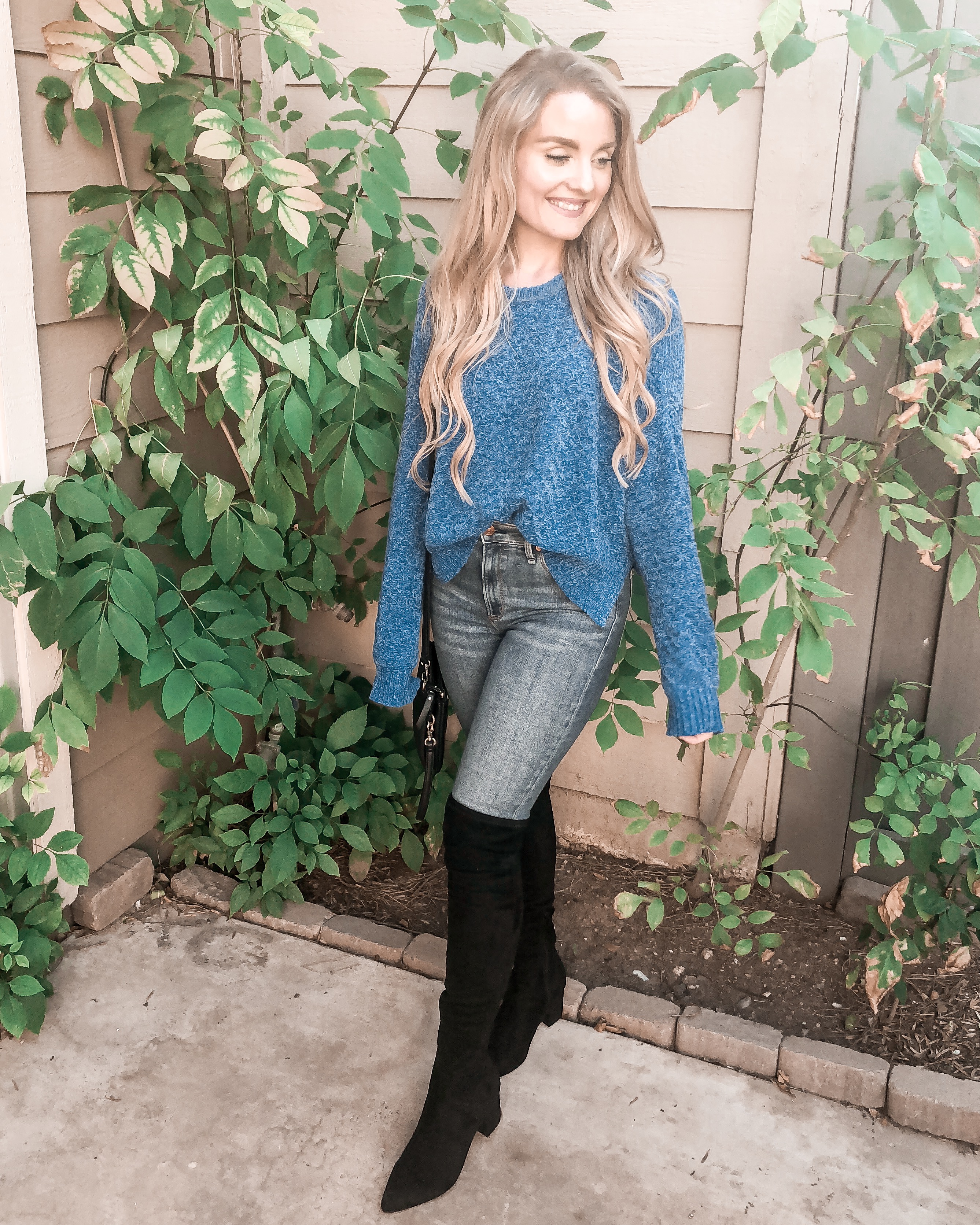 woven hearts chenille sweater, cobalt blue, cobalt blue sweater, chenille sweater, over the knee boots, steve madden over the knee black boots, abercrombie jeans, high waisted jeans