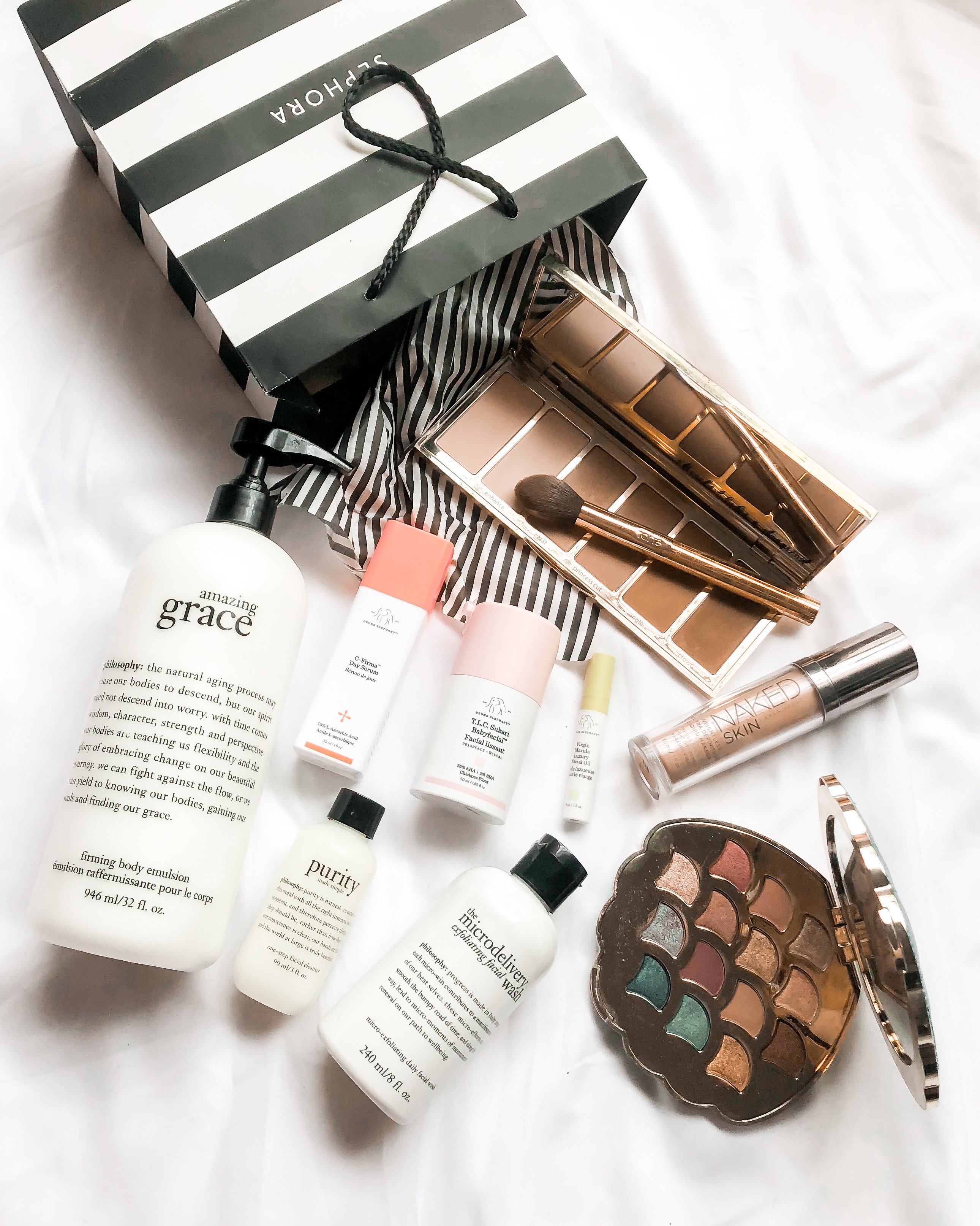 sephora, vib sale, amazing grace, philosophy, emulsion, drunk elephant, sukari babyfacial, c-firma day serum, marula oil, microdelivery face wash, purity made simple, urban decay, naked foundation, park avenue princess, tarte, mermaid palette, beauty, makeup