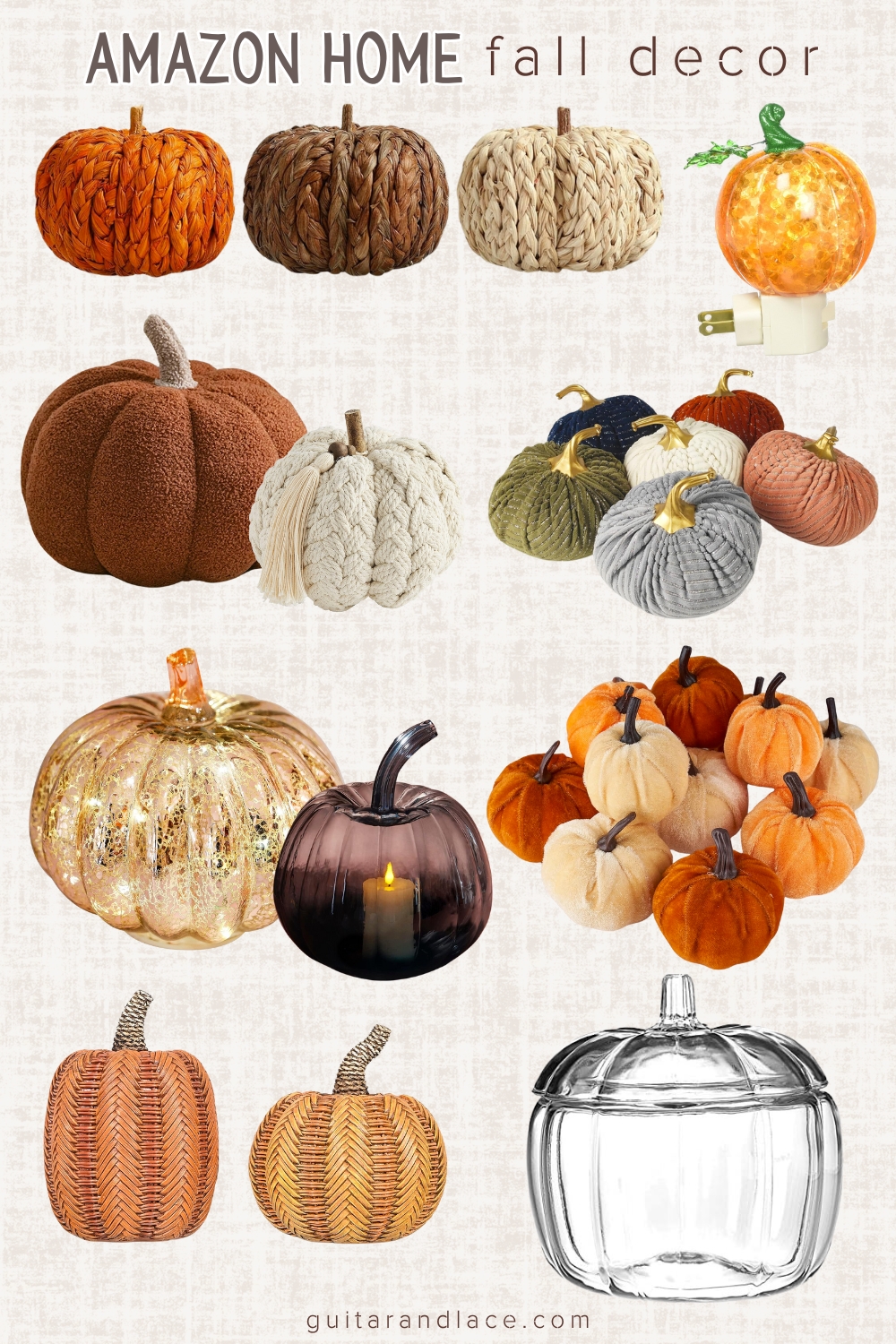 fall decor from amazon, mini pumpkins, velvet pumpkins, pumpkin pillow, pumpkin decor, woven pumpkins, glass pumpkins, clear glass pumpkin jar, decorate for fall with mini pumpkins