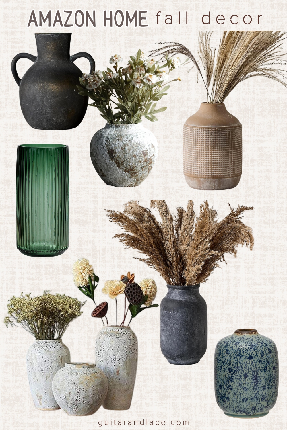 rustic fall vases. cement look vase. fall vase. terracotta vase. black cement vase. black clay vase. green ribbed glass vase. blue floral clay vase.  decorate for fall with rustic vases