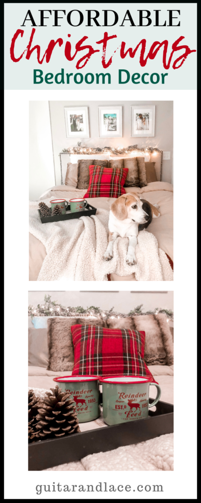 christmas bedding, christmas decor, holiday bedroom, christmas bedroom, affordable christmas decor, plaid pillow, faux fur pillow, christmas mugs, neutral christmas, neutral bedding, 8x10 matted frame, picture frames above bed, beagle, cute dog, christmas dog, #christmasdecor #christmasbed #affordabledecor #hobbylobbychristmas