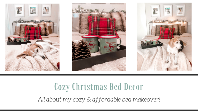 christmas bed, cozy bed, holiday bed, christmas bedroom, faux fur pillows, plaid bed, beagle, white rustic frames, neutral bedding, garland headboard