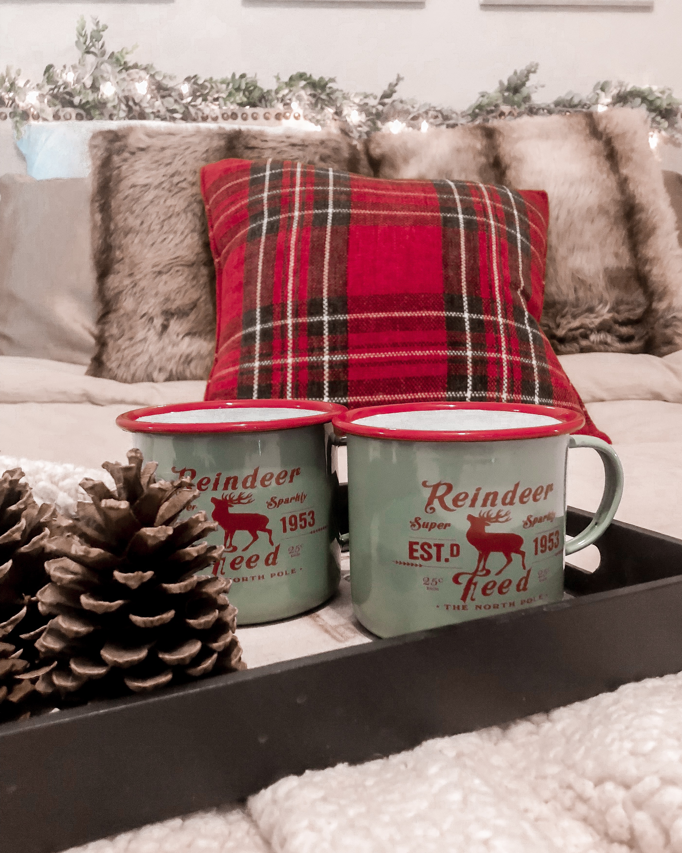 christmas bed, cozy bed, holiday bed, christmas bedroom, faux fur pillows, plaid bed, beagle, white rustic frames, neutral bedding, garland headboard