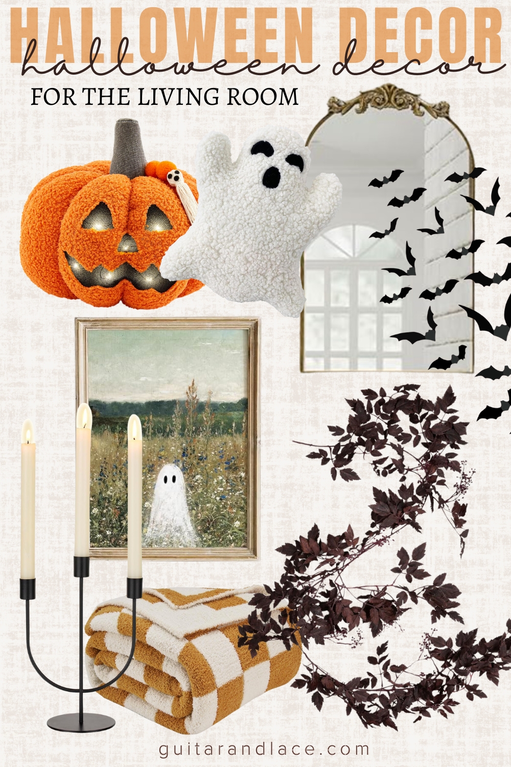amazon halloween decor. halloween living room ideas. ghost painting ideas. halloween fireplace mantel decor. jack o'lantern pillow. ghost pillow.
