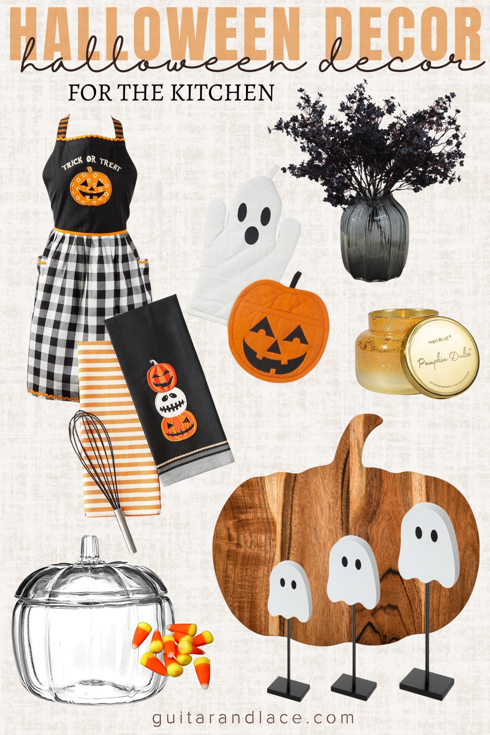 halloween decor kitchen island. kitchen island halloween centerpiece. halloween kitchen decor. glass pumpkin bowl with candy corn