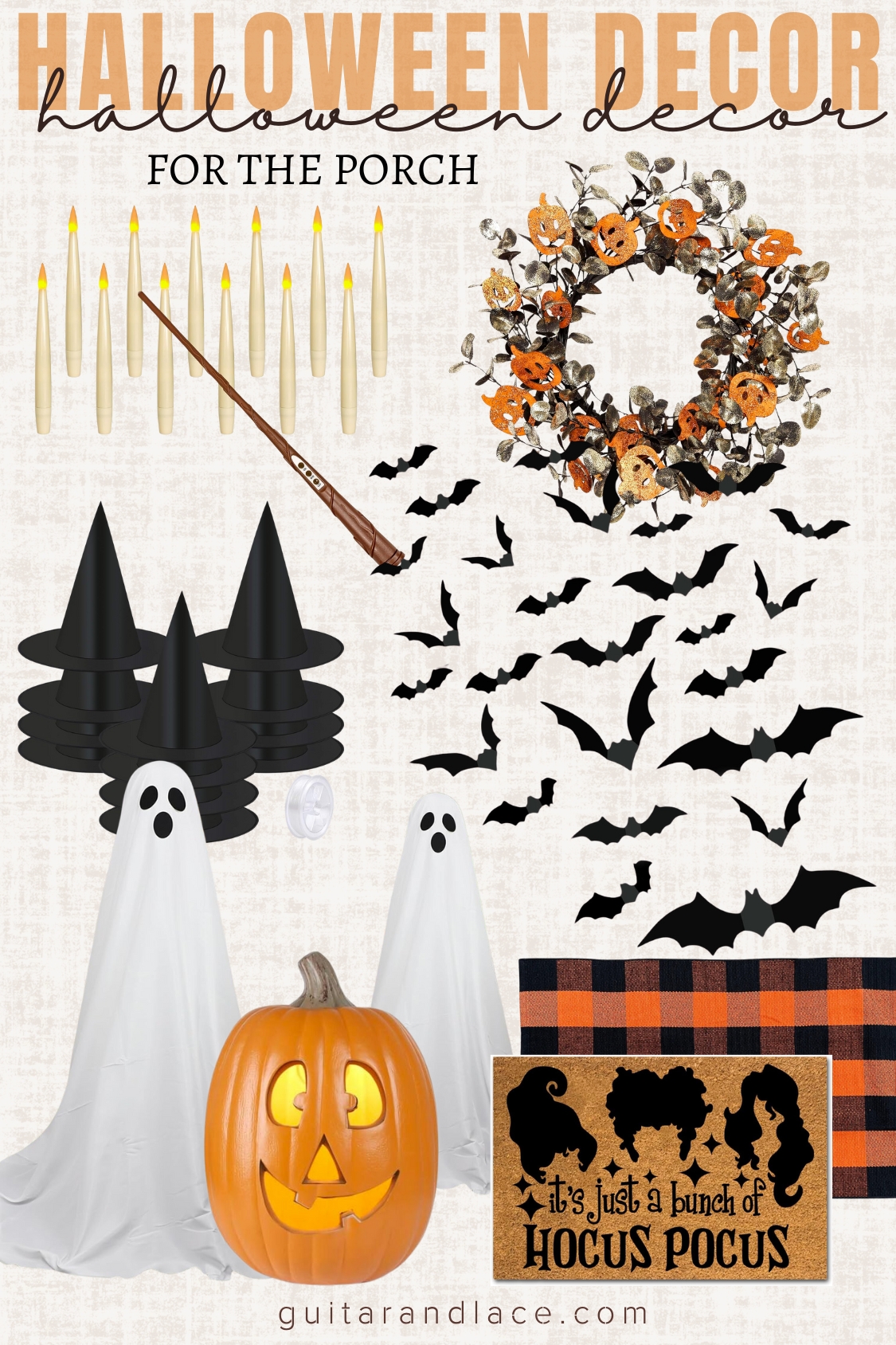 halloween decor ideas, front porch halloween decor, halloween welcome mat, front porch ghost decor, light up ghosts, harry potter candles, halloween wreath