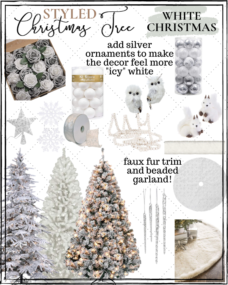 christmas tree idea, christmas tree theme, christmas decor, amazon christmas decor, affordable christmas decor, christmas tree inspiration, white christmas tree, flocked christmas tree, icicle christmas ornaments, white ornaments, all white christmas tree