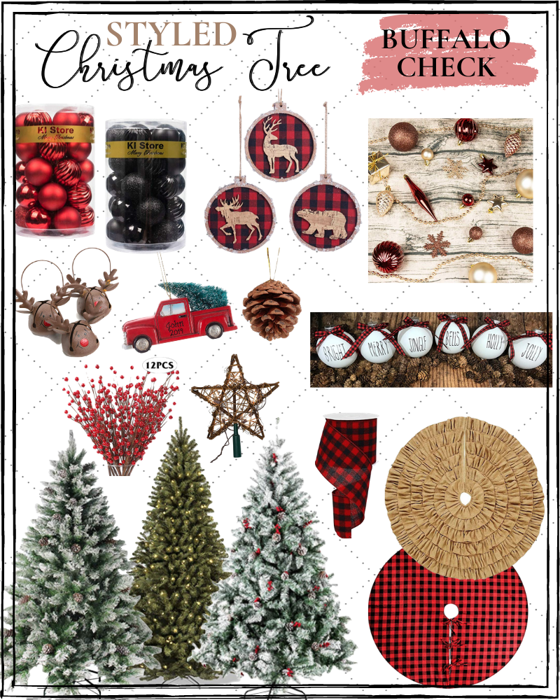 christmas tree idea, christmas tree theme, christmas decor, amazon christmas decor, affordable christmas decor, christmas tree inspiration, farmhouse christmas tree, buffalo check christmas tree, buffalo plaid christmas tree, red berries, flocked christmas tree, red and black ornaments, buffalo plaid tree skirt