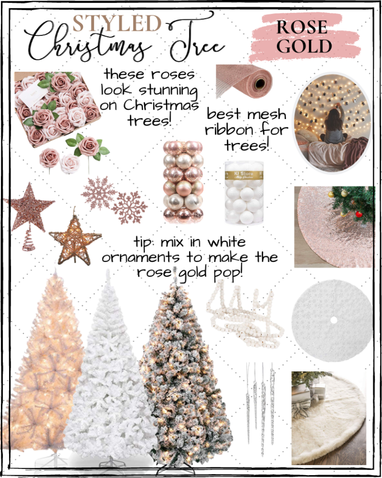 christmas tree idea, christmas tree theme, christmas decor, amazon christmas decor, affordable christmas decor, christmas tree inspiration, rose gold christmas tree, christmas tree idea, roses in christmas tree, pink christmas decor, pink and white christmas decor, fur tree skirt, white beaded garland, mesh ribbon, glam christmas tree, girly christmas decor
