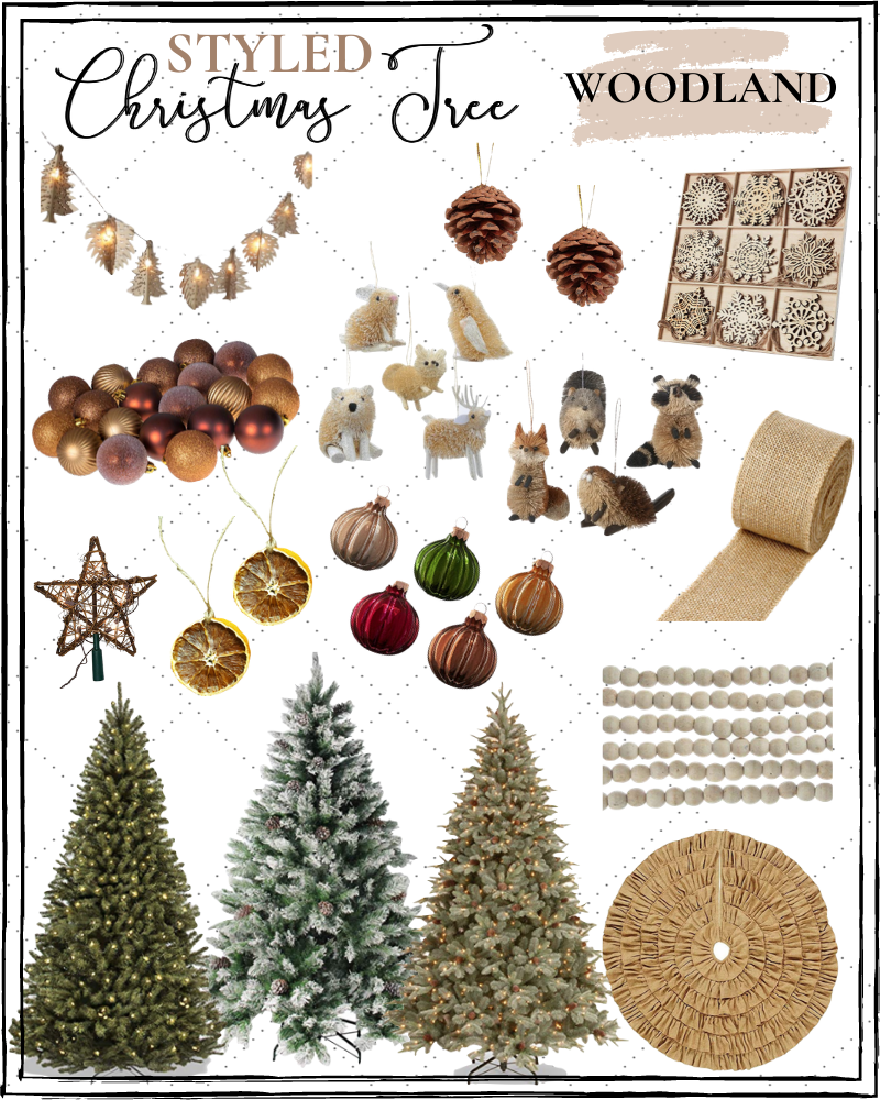 christmas tree idea, christmas tree theme, christmas decor, amazon christmas decor, affordable christmas decor, christmas tree inspiration, woodland forest theme, straw animal ornaments, flocked christmas tree, prelit christmas tree, woden ornaments, burlap tree skirt, pinecone ornaments, brown ornaments, dried orange peel ornaments