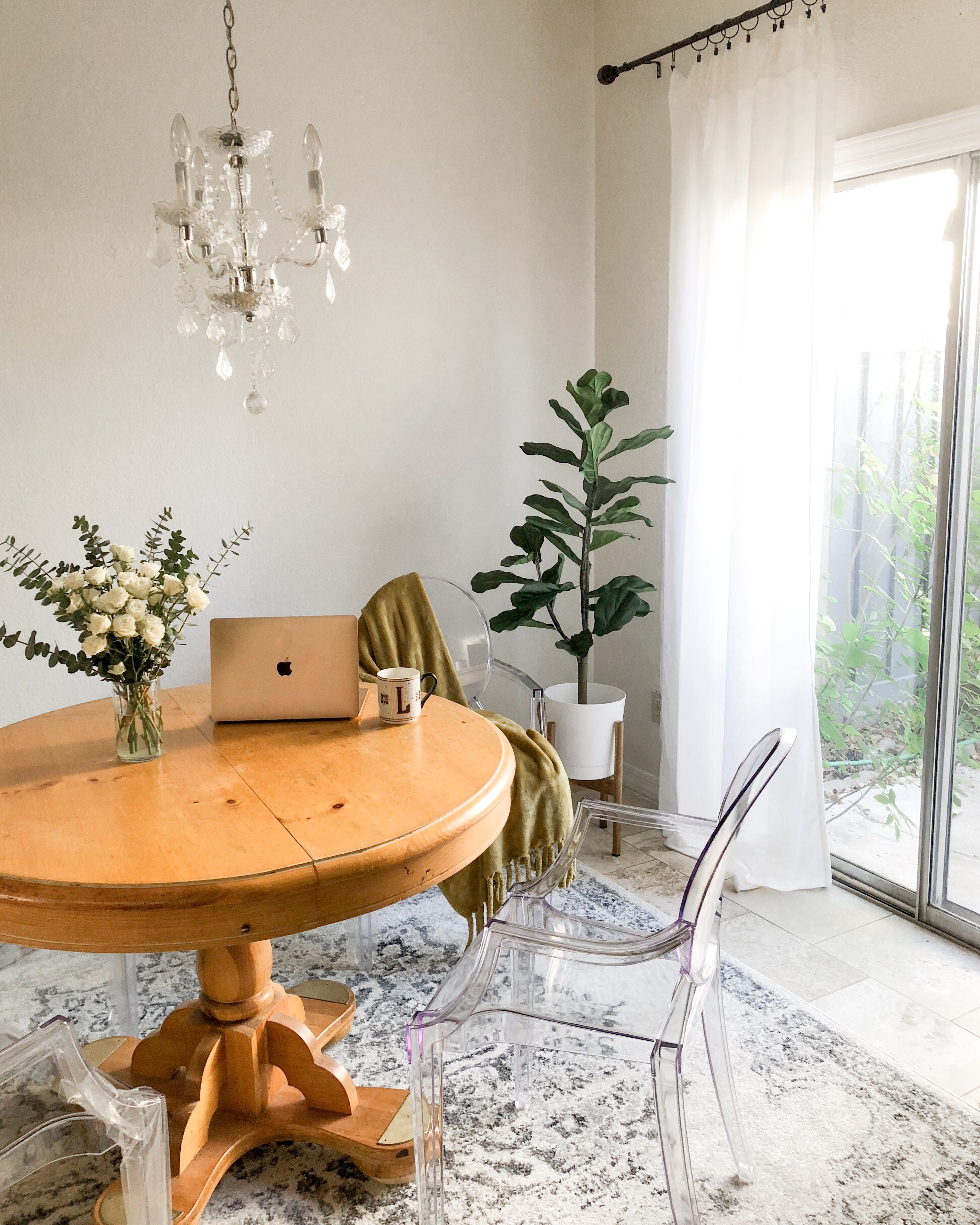 modern boho dining room, modern farmhouse decor, boho decor, amazon home, rugs usa, boho rug, airy dining room, benjamin moore silver satin, matte black curtain rod, oak dining table, ghost chairs, clear dining chair, faux fiddle tree, faux tree, faux plants, plant stand, mid-century decor, mid-century dining room, mid-century plant stand, small room makeover