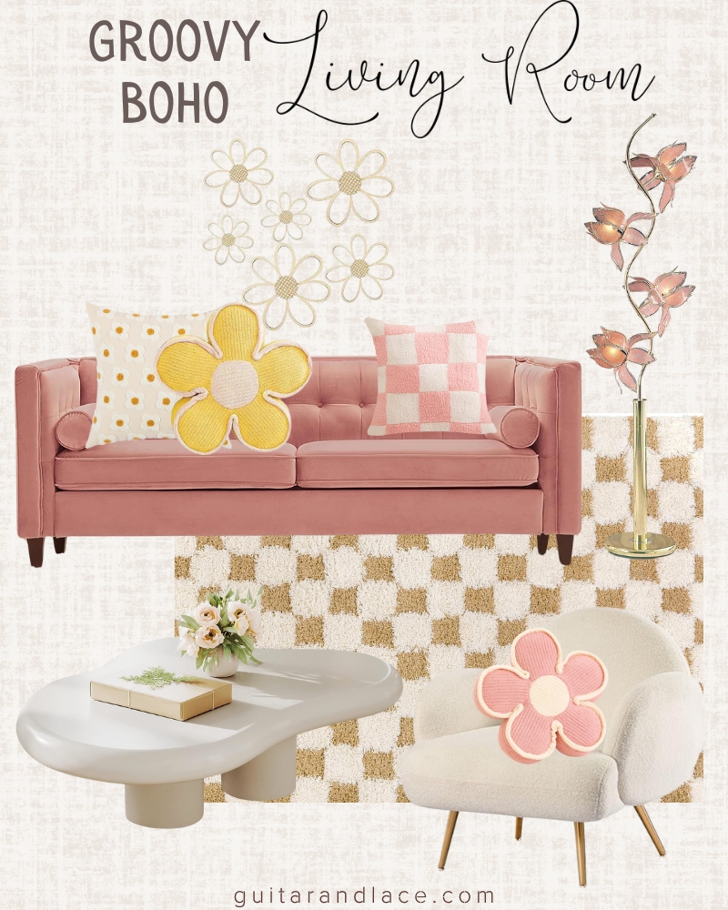 groovy boho living room. groovy retro living room ideas. apartment living room decor.