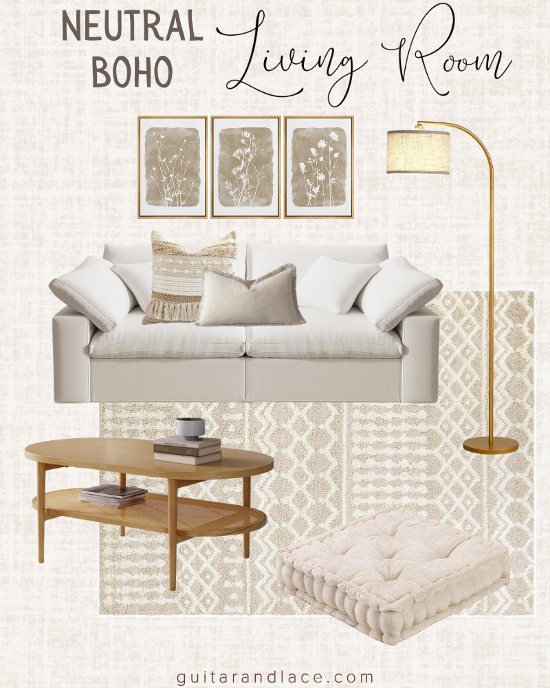 neutral boho. apartment living room decor. cloud sofa dupe. neutral apartment living room ideas