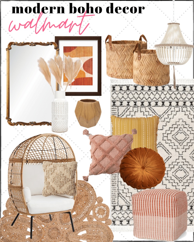egg chair, boho egg chair, boho rugs, boho decor, summer home decor, pampas grass, anthropologie mirror dupe, boho wall mirror, baskets, beaded chandelier, abstract art frame, pouf, geometric black and white rug, boho pillows