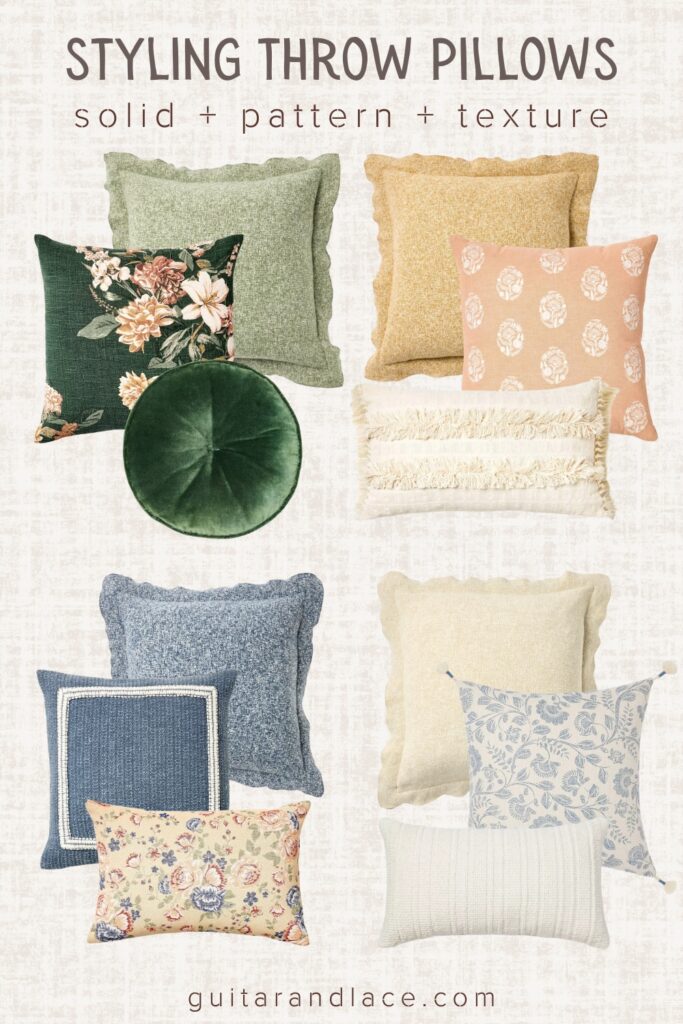 throw pillow combinations for a collected modern look. throw pillow combos. floral throw pillows. floral pattern throw pillow. throw pillow combinations on couch. modern boho living room throw pillows.