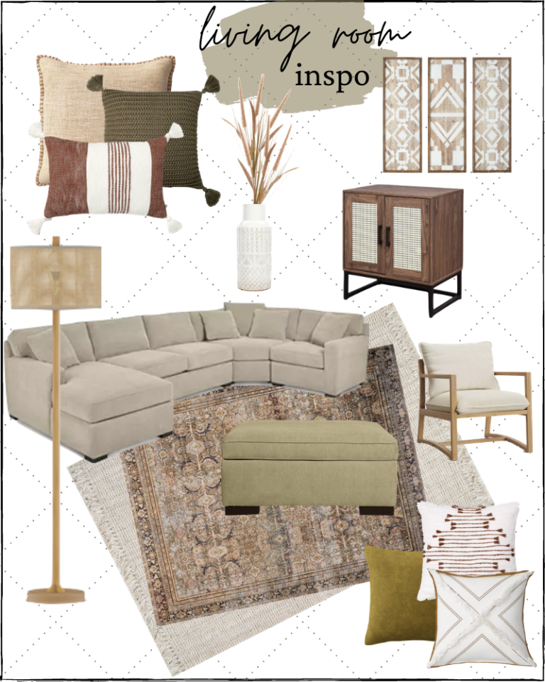 modern boho living room, modern farmhouse living room, earth tone decor, loloi area rug, wood cane console, target pillows