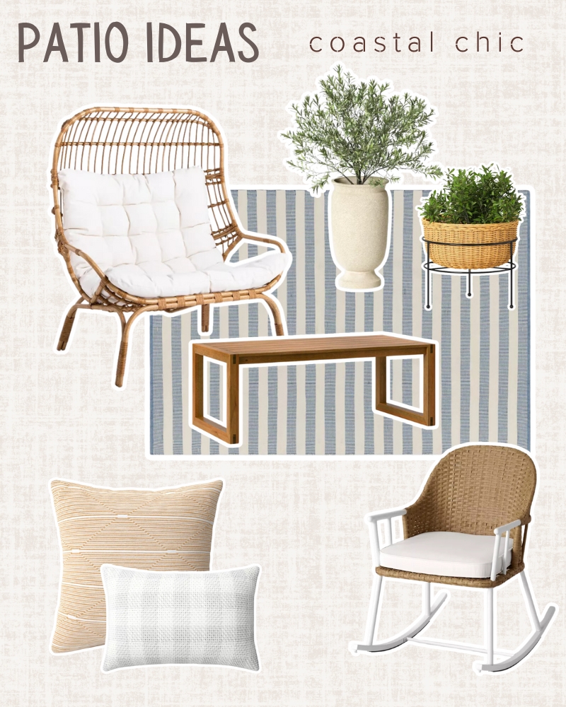 small patio ideas. small patio decor. coastal patio decor. striped patio rug. egg chair. outdoor pillows. outdoor coffee table.