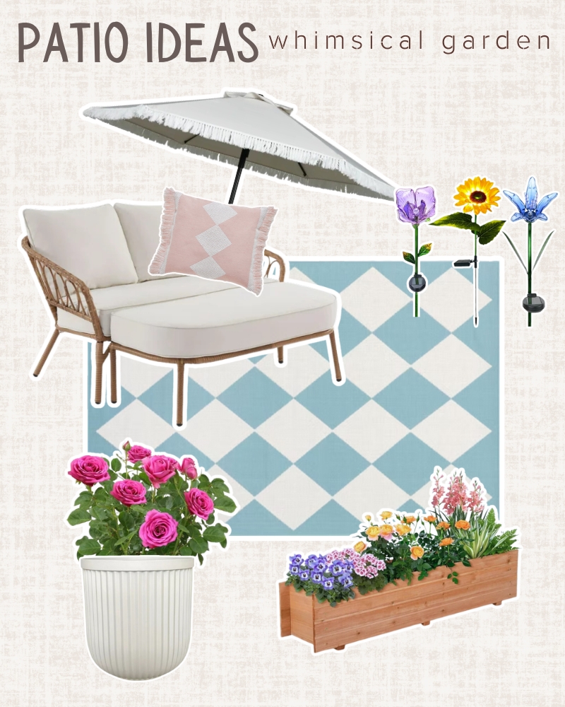 small patio ideas. whimsical garden decor. raised garden ideas. outdoor area rug. checkered rug.