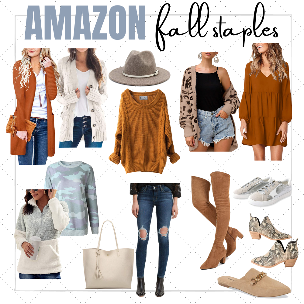 amazon fall finds. amazon fashion. amazon fall outfit. amazon fall dress. amazon cardigan. amazon button cardigan. over the knee cognac boots. snake print booties. chain mule. leopard print cardigan. amazon sweaters. cognac brown sweater. fall hat. star sneaker.