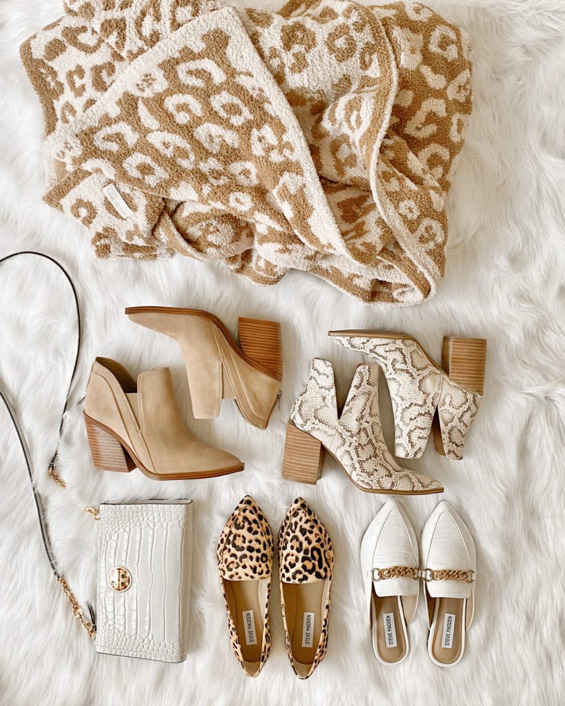 barefoot dreams camel leopard print blanket, booties, snakeskin booties, leopard print mules, white mules, leopard print loafers, pointed toe booties, nordstrom booties, fall shoes