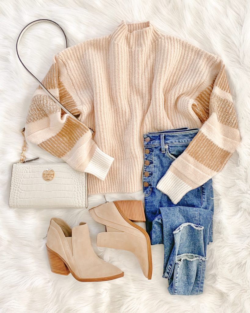 fall outfit, button fly jeans, fall sweater, casual outfit, nordstrom, vince camuto booties, pointed toe booties, fall flat lay