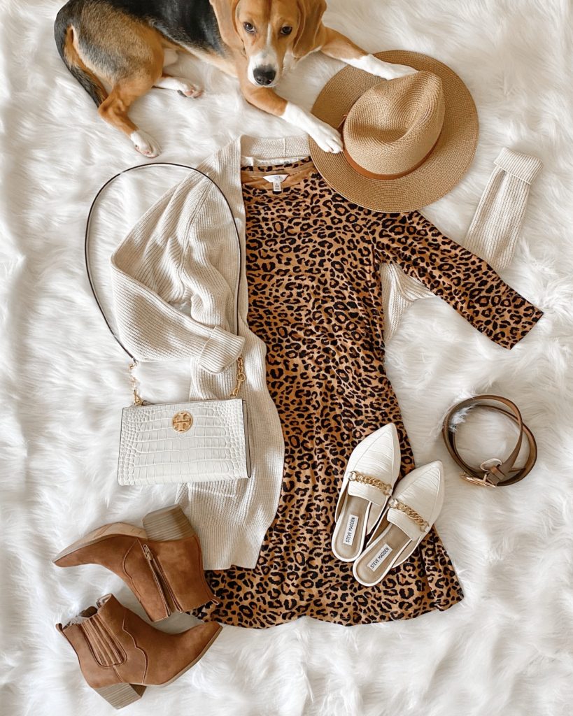 leopard print dress, walmart booties, white cardigan, fall outfit, long sleeve leopard print dress