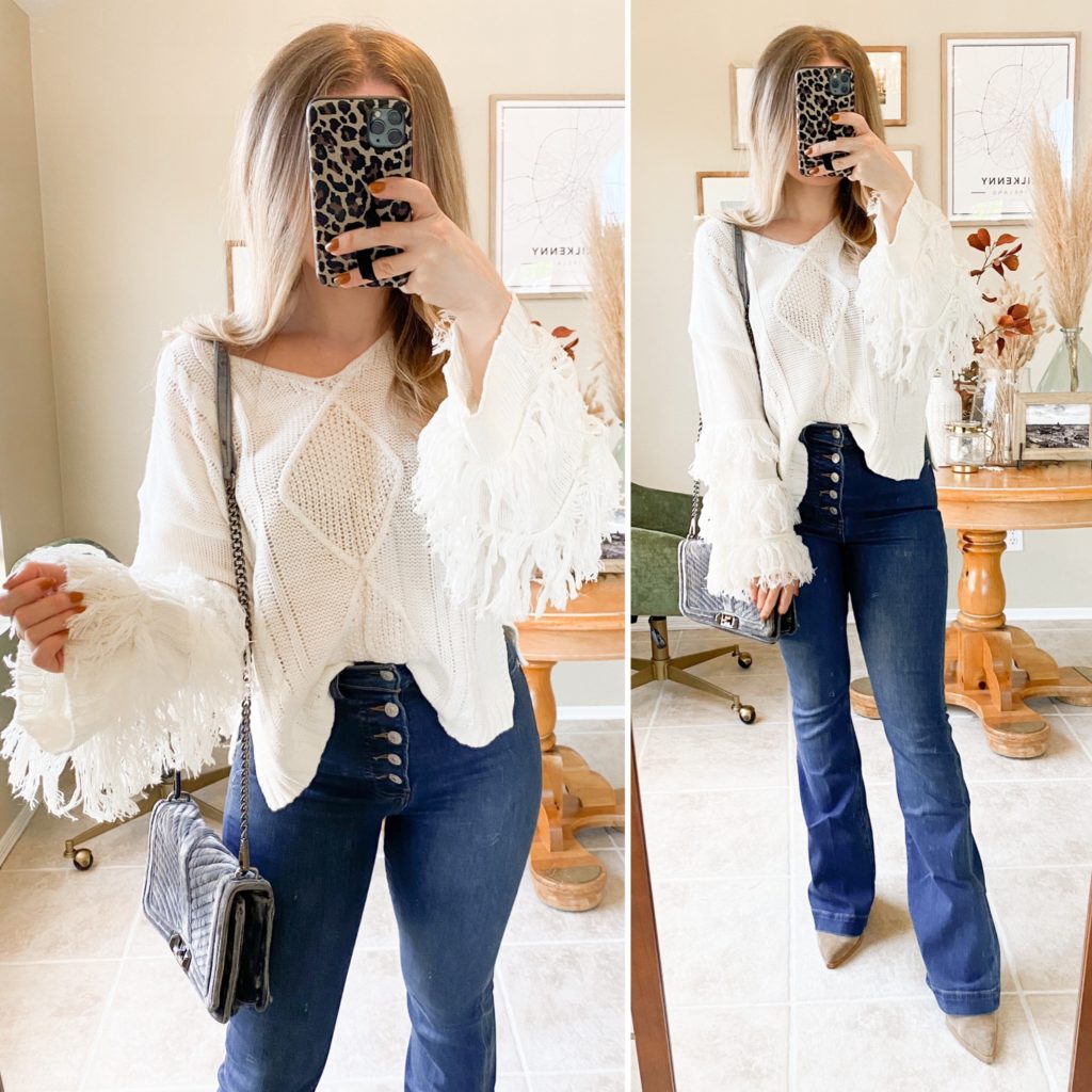 amazon fall fashion. amazon sweater. fringe sleeve sweater. statement sleeve sweater. flare jeans. bell bottom jeans. pointed toe booties