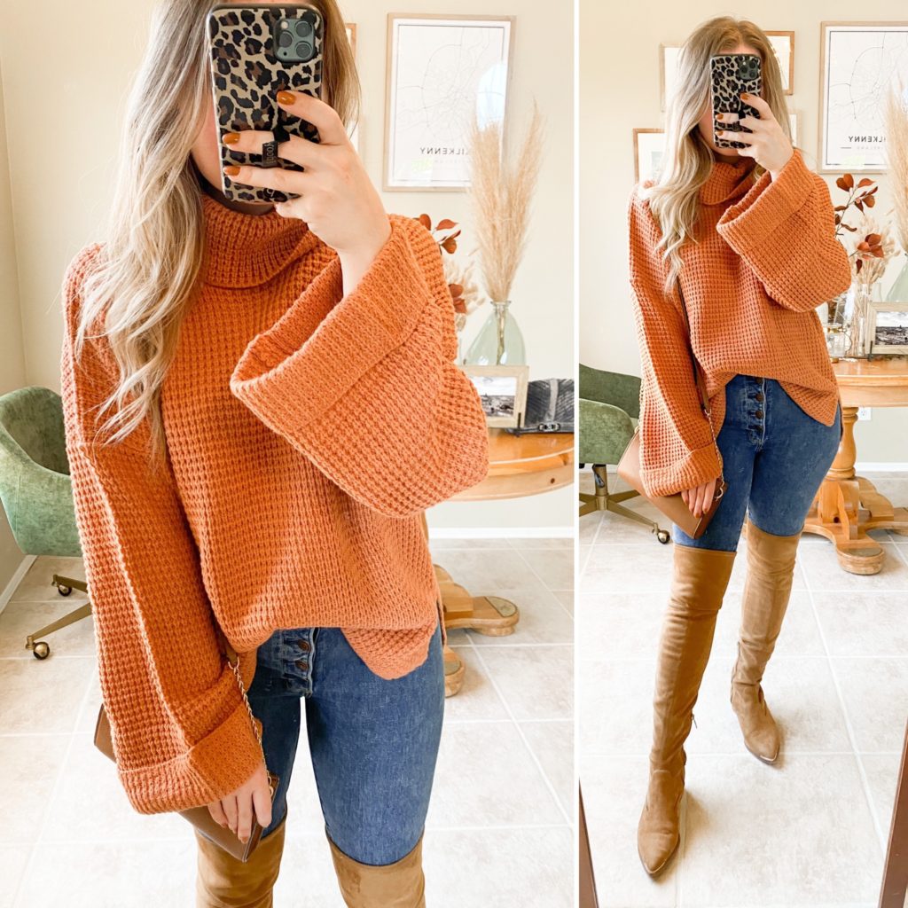 statement sleeve sweater, chunky knit sweater, amazon sweater, over the knee boots