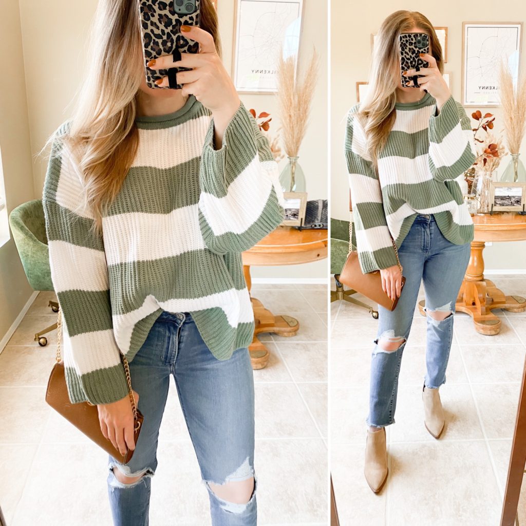 amazon fall fashion. amazon sweater. striped oversized sweater. amazon jeans. pointed toe booties.