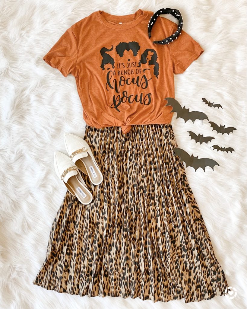hocus pocus tshirt, amazon finds, amazon fashion, leopard print midi skirt