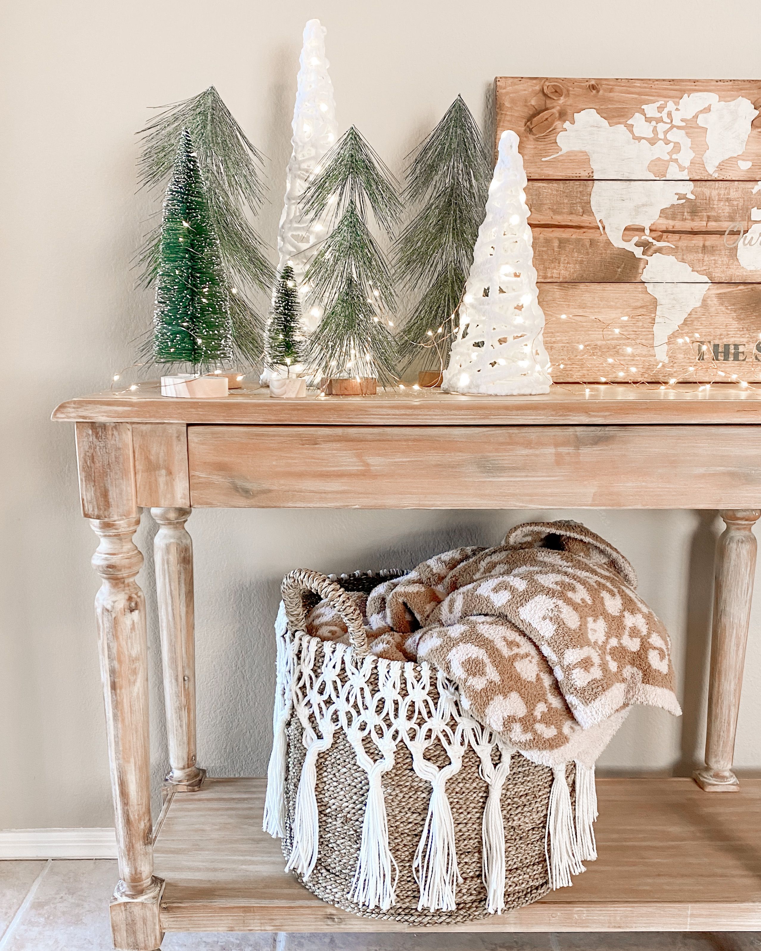 boho chic decor, barefoot dreams blanket, wicker basket, entryway console, boho christmas decor