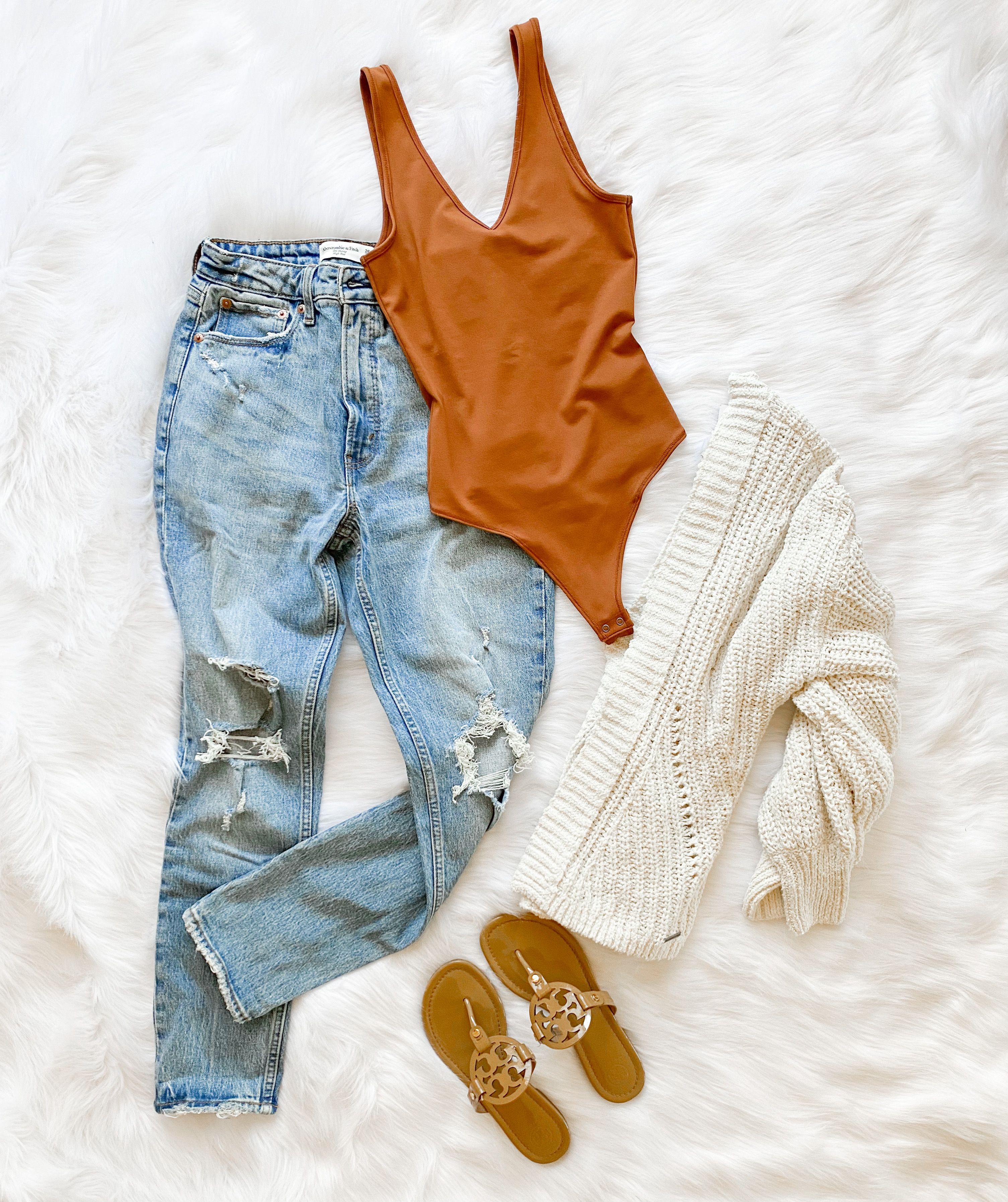 abercrombie jeans, bodysuit, tory burch miller sandals