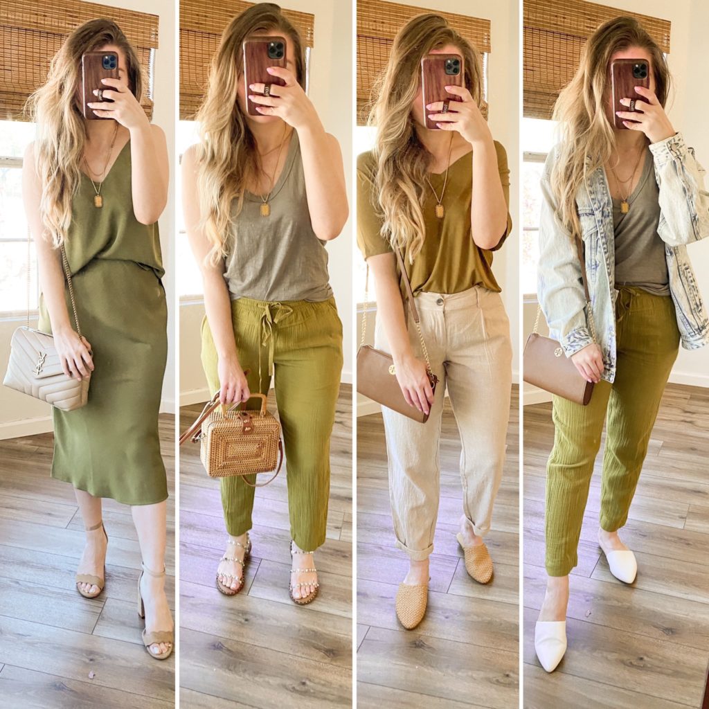 spring outfits, midi skirt, linen pants, vacation outfit, summer outfit ideas
