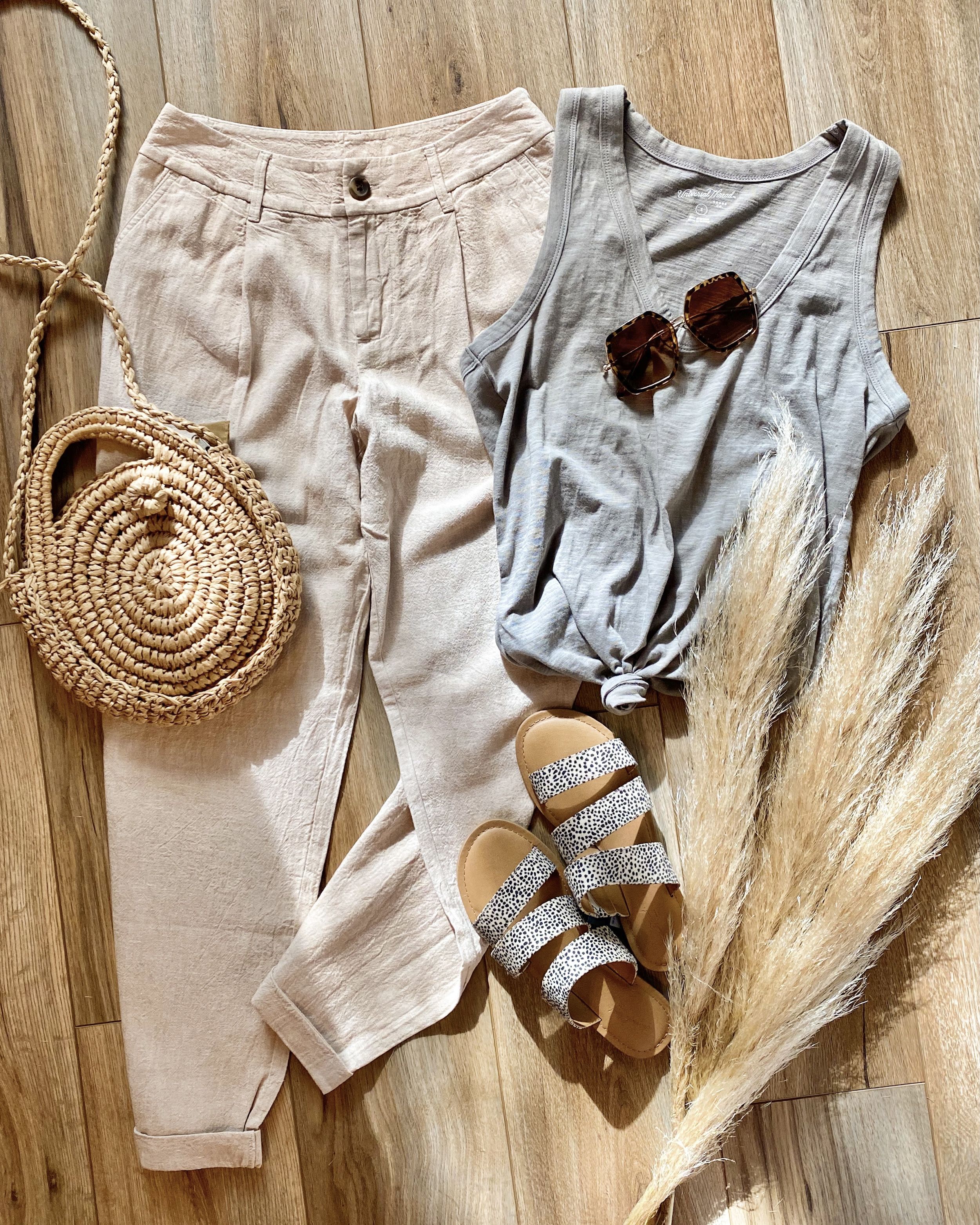 Target style, spring outfits, casual spring outfit, linen pants, spring shoes, spring flat lay