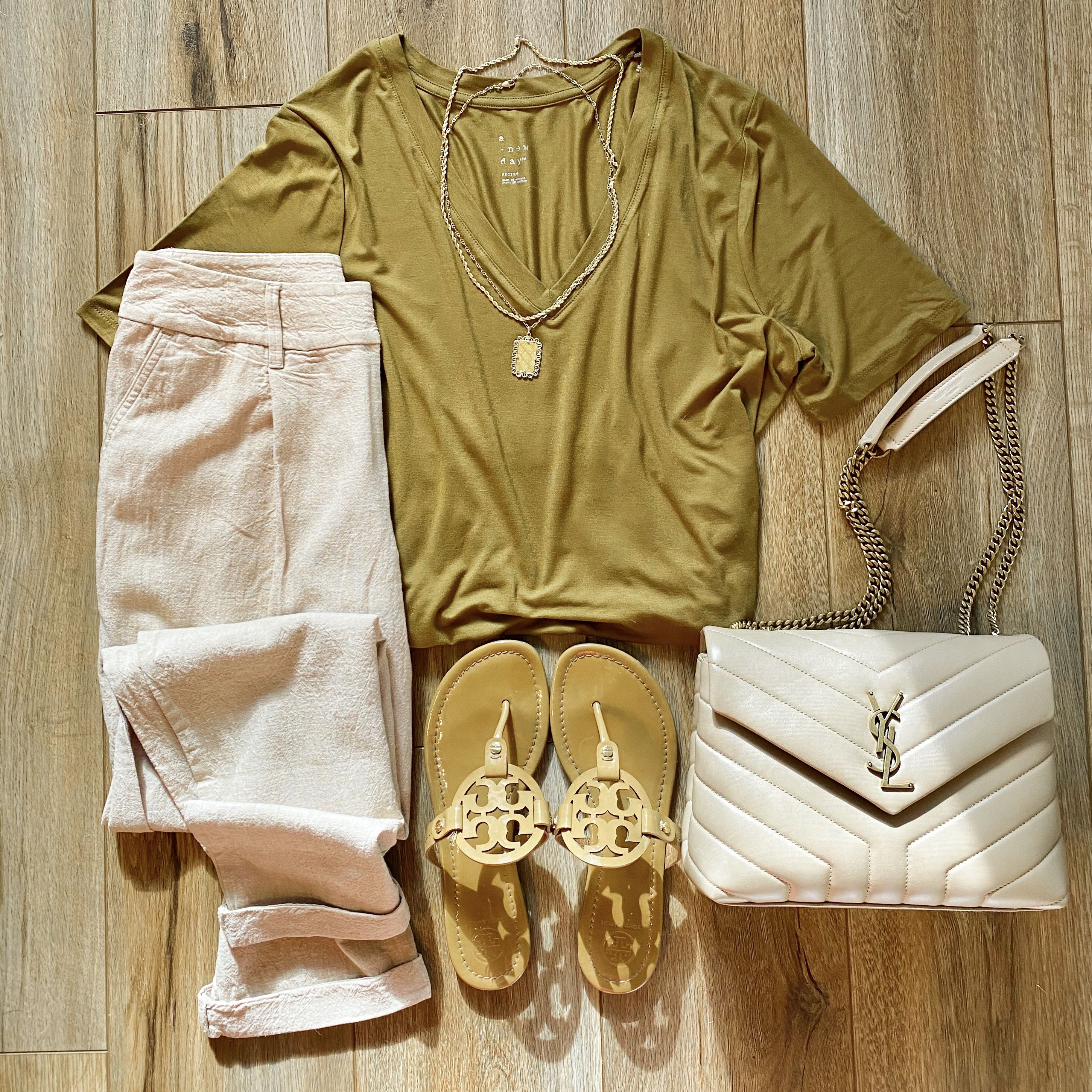 neutral outfit flat lay, linen pants, gold tshirt, layered gold necklaces, Tory Burch Miller, YSL loulou bag