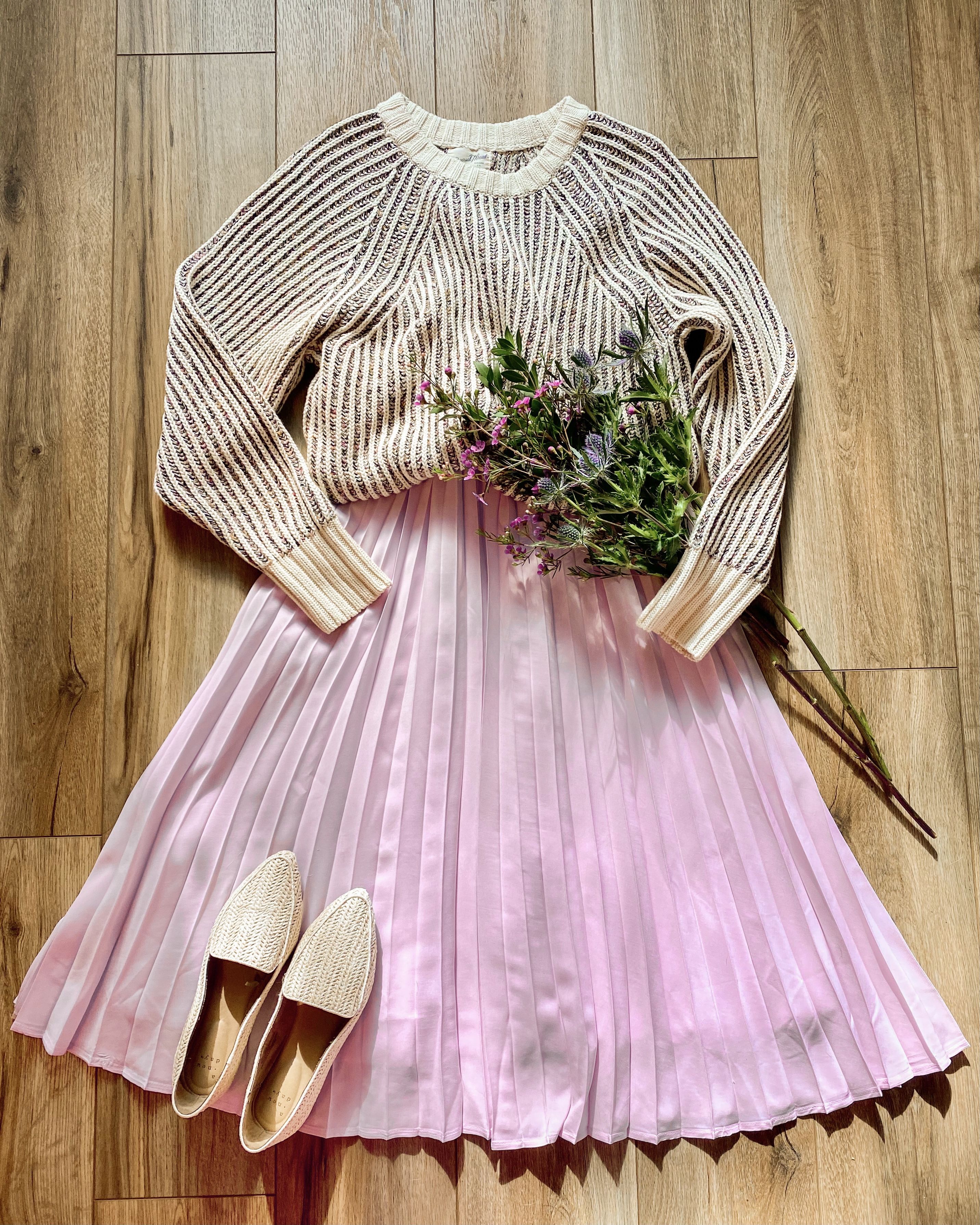 flat lay, spring outfit, pleated midi skirt.
