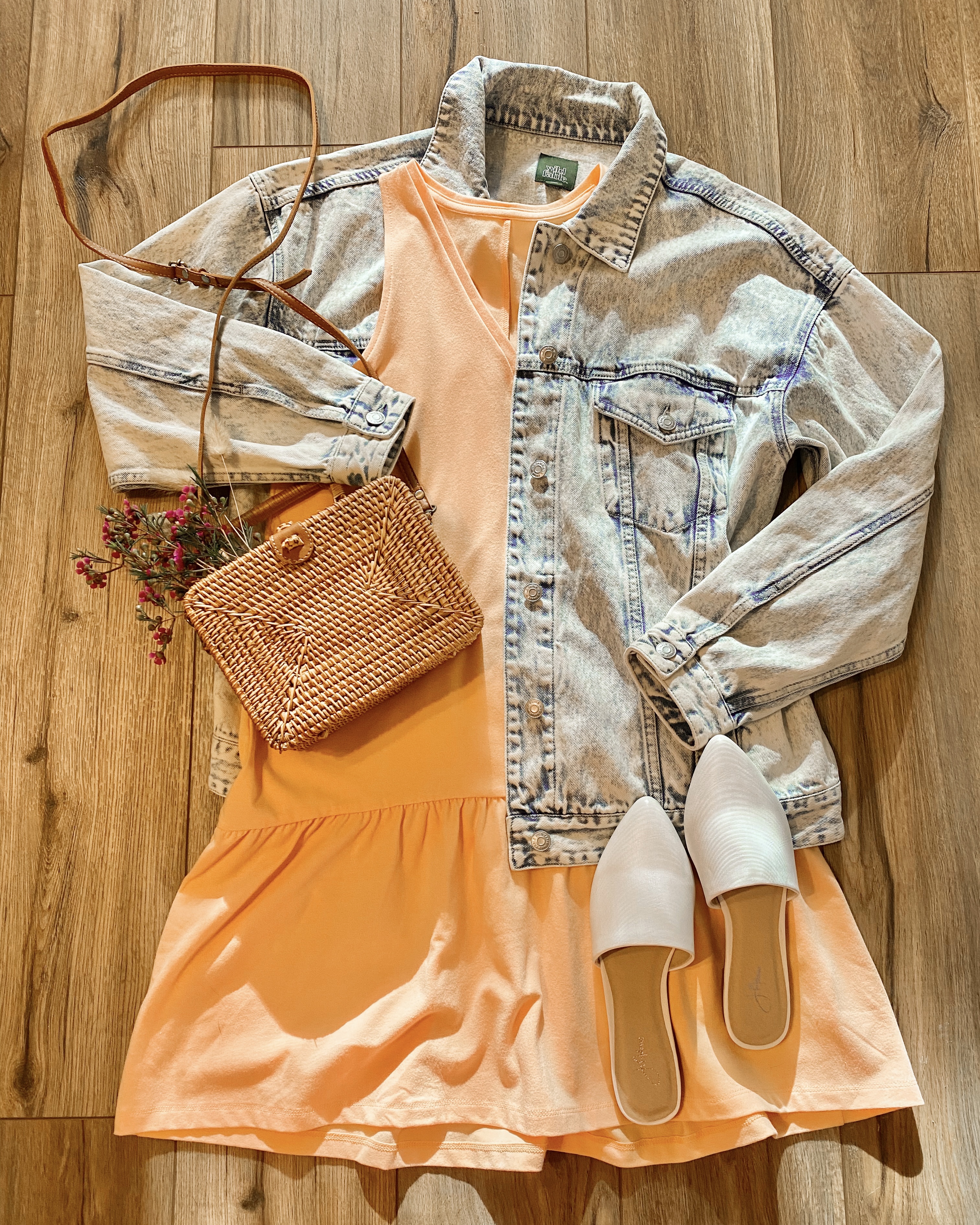 orange dress, flat lay outfit, casual spring outfit ideas