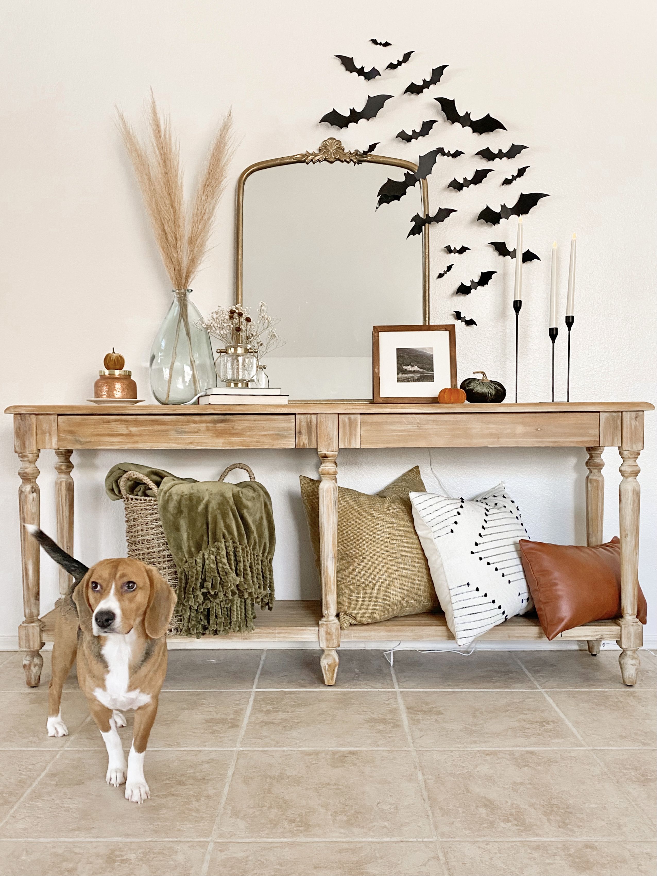 halloween decorations, halloween decor, spooky season decor, paper bats entryway, paper bats decor, entryway console