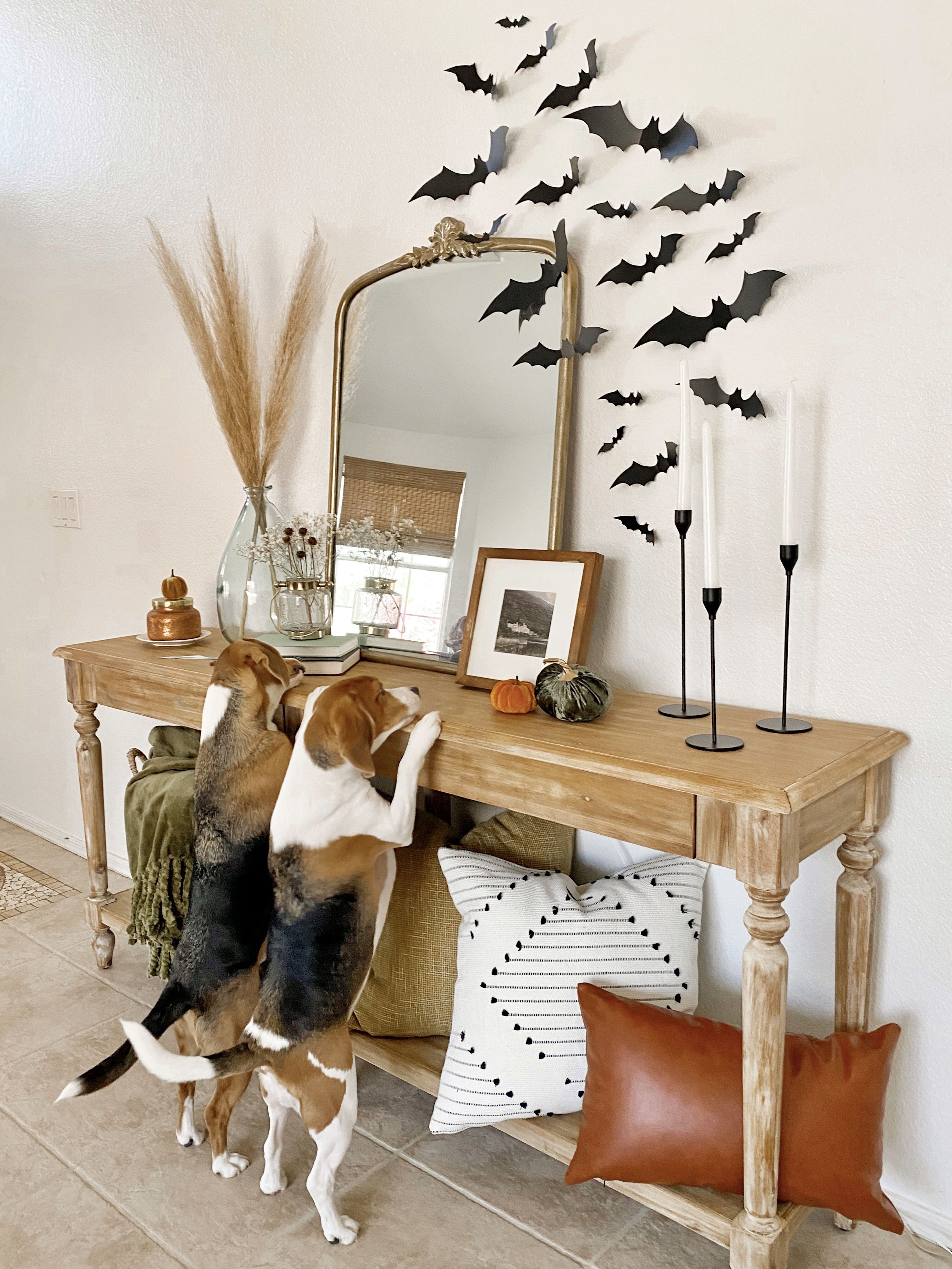 halloween decorations, halloween decor, spooky season decor, paper bats entryway, paper bats decor, entryway console