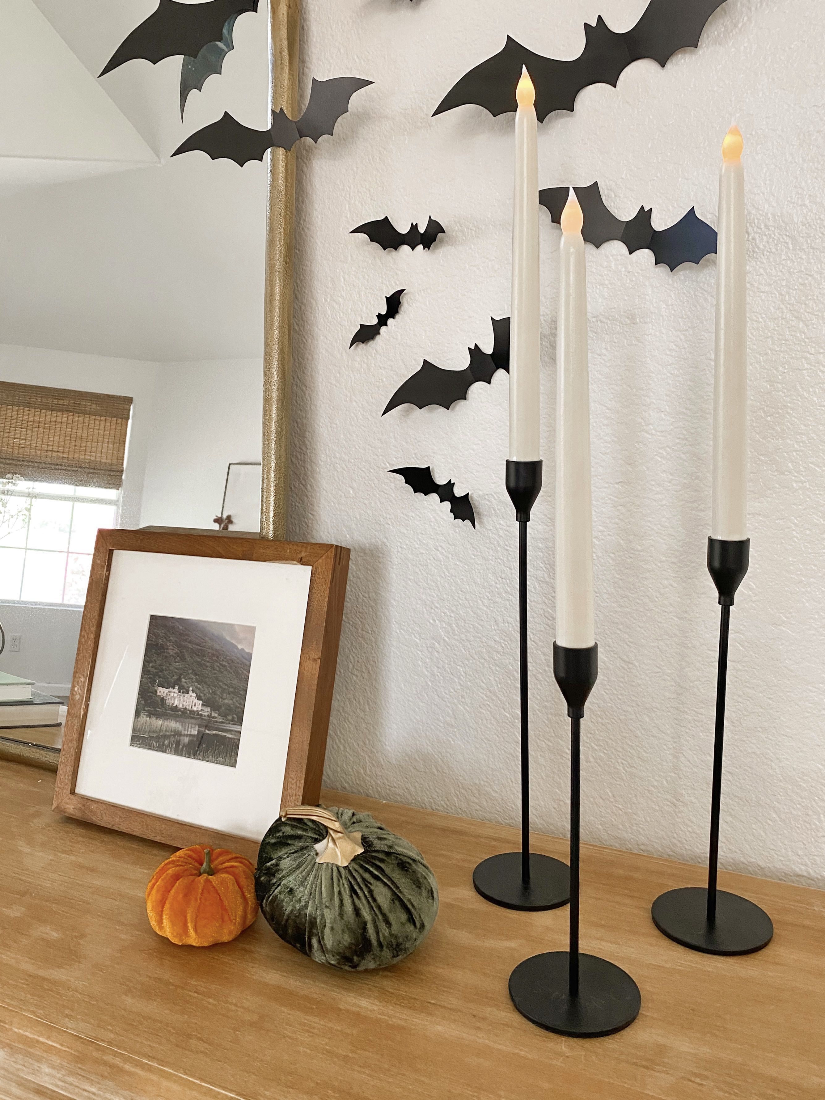 halloween decorations, halloween decor, spooky season decor, paper bats entryway, paper bats decor, entryway console