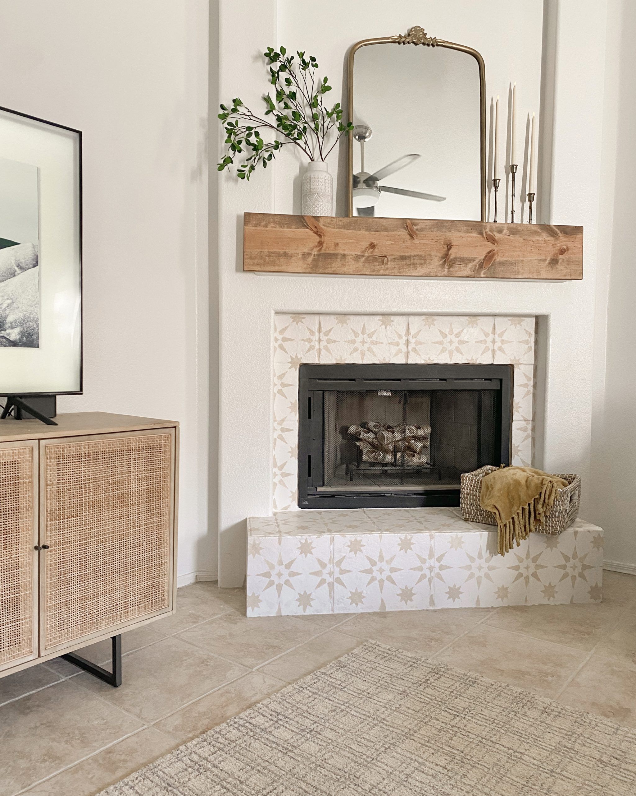diy fireplace makeover, paint tile fireplace, fireplace tile paint, stencil tile fireplace, pure white sherwin williams, wood mantle, star tile stencil, summer mantle decor, fall mantle decordiy fireplace makeover, paint tile fireplace, fireplace tile paint, stencil tile fireplace, pure white sherwin williams, wood mantle, star tile stencil, summer mantle decor, fall mantle decor