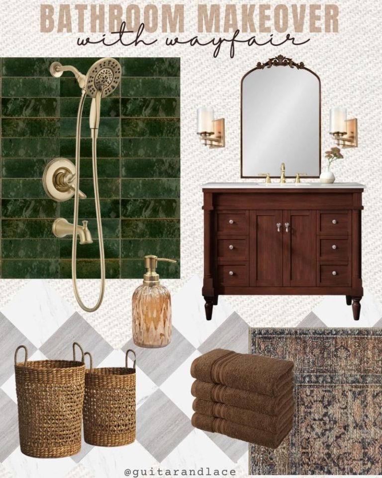 wayfair bathroom, dream bathroom, bathroom makeover, green shower tile