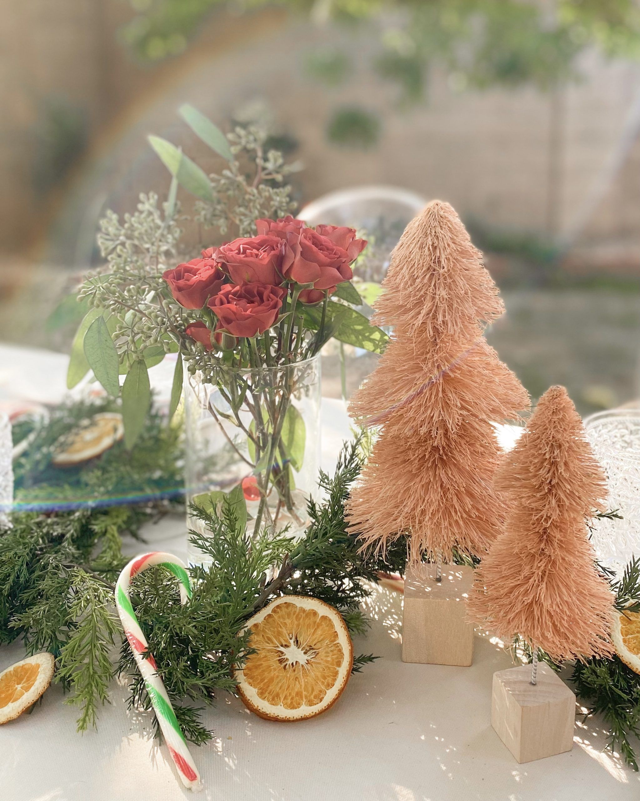 Holiday Tablescape, christmas table centerpiece, outdoor christmas table, christmas tablescape, pink mini christmas tree